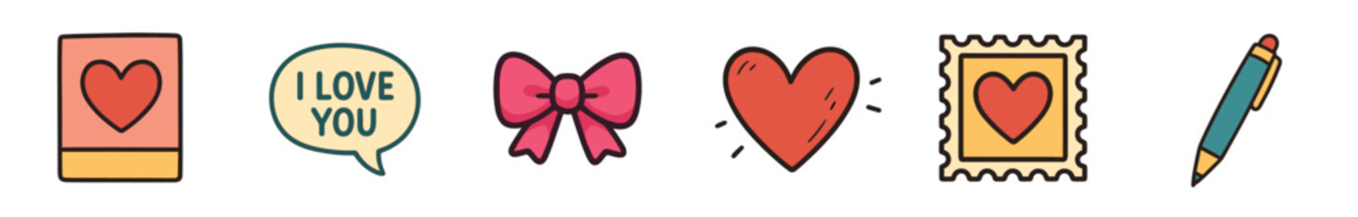 Charming set of hand-drawn love icons featuring a heart, greeting card, postage stamp, pink bow, pen, and a romantic message in a cute, retro doodle illustration style