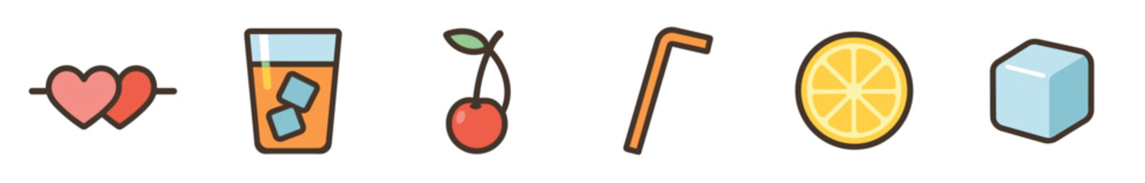 Colorful flat design icon collection with a heart, iced drink, fresh cherry, drinking straw, citrus slice, and ice cube representing a healthy summer lifestyle and refreshment