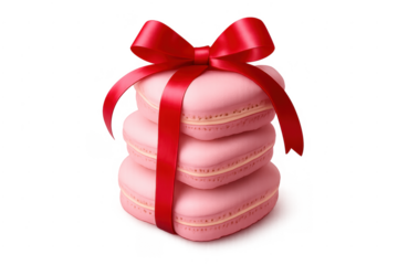 Pink heart macarons wrapped with red ribbon bow