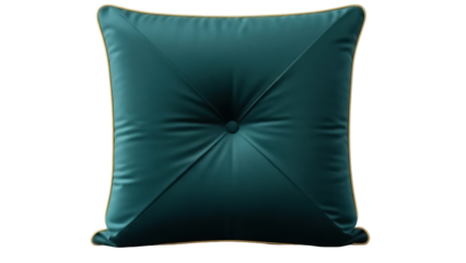 Isolated teal pillow with golden trim, decorative square, elegant soft furnishing item