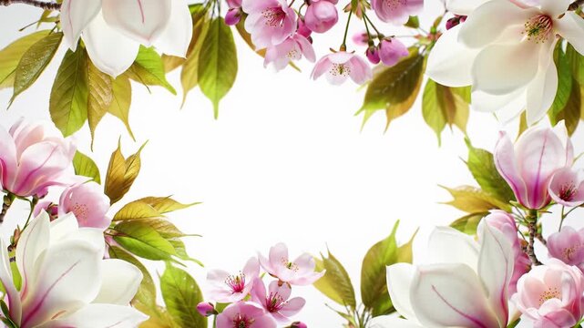 A dolly push-in video reveals delicate pink cherry blossoms, white magnolias, dew-kissed green leaves swaying, framing a pure white background with copy space. Concept of natural growth and renewal