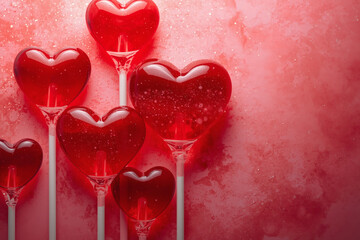 Banner. Red Lollipop on a pink background. Red hearts. Love concept. Valentine's Day.