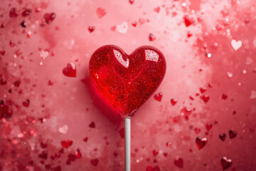 Banner. Red Lollipop on a pink background. Red hearts. Love concept. Valentine's Day.