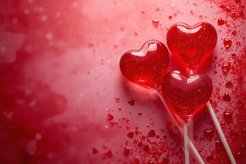 Banner. Red Lollipop on a pink background. Red hearts. Love concept. Valentine's Day.