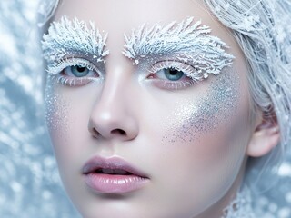 Fototapeta premium Winter Beauty Portrait of Woman with Frozen Makeup Frost on Eyelashes and Glittering Skin