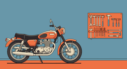 A vibrant retro vintage motorcycle takes center stage in a classic garage, featuring an organized tool wall, embodying a deep passion for mechanical hobbies and timeless design