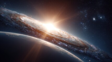 Fototapeta premium Celestial Symphony: A breathtaking cosmic panorama showcasing the mesmerizing beauty of a distant galaxy, its spiral arms unfurling across the inky canvas of space.