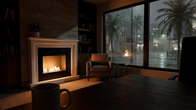 Cozy Interior with Fireplace and Rainy Palm Tree View, Generative AI