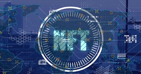 Animation of scope scanning with nft text and world map over cityscape - Powered by Adobe