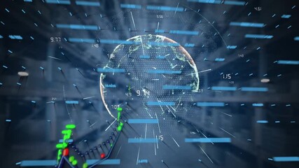 Animation of financial graphs and globe on navy background - Powered by Adobe