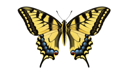 Isolated Eastern Tiger Swallowtail butterfly with wings open, viewed from above, summer season