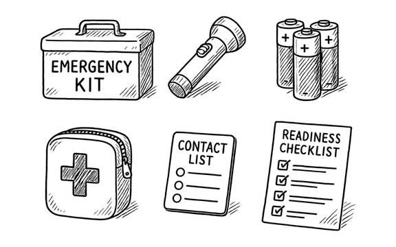 Hand-drawn emergency preparedness kit essentials: flashlight, batteries, checklist