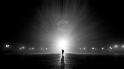 A Lone Figure Standing Before a Radiant Rose Window in Misty Darkness