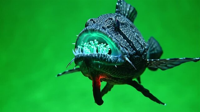 A dark deep-sea fish with its mouth wide open, revealing a glowing bioluminescent interior against a vibrant green background.