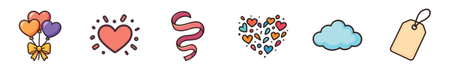 Fototapeta premium Set of colorful cartoon icons for celebration, featuring heart-shaped balloons, a shining heart, a ribbon, a cloud, and a gift tag in a cute hand-drawn doodle style