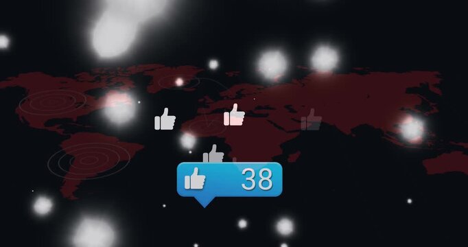 Animation of speech bubble with increasing number of likes, thumbs up signs blooming over world map