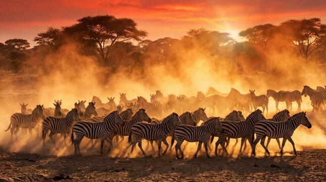 Large herd of zebras stampeding across the dusty African savannah at sunset.