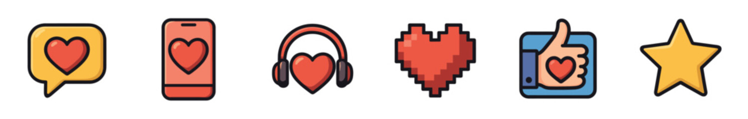 Obraz premium Set of six colorful social media icons including a heart, like, star, and pixelated heart for feedback, rating, and approval in a flat vector illustration style