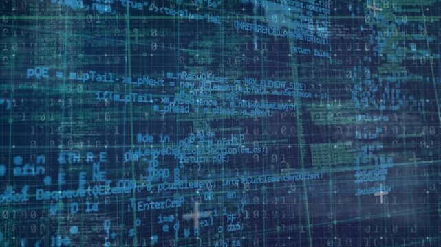 Animation of data with binary codes processing on digital interface with grid pattern