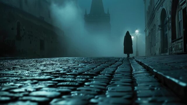 Cloaked figure walking on cobblestone street at night in foggy, gothic setting