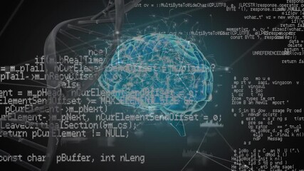 Animation of brain, medical data processing with dna strand over scope - Powered by Adobe