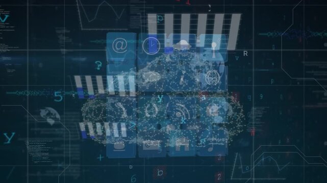 Animation of icons on rotating cube, graphs and digital padlock on screen with diverse data
