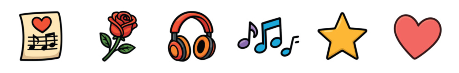 Naklejka premium Set of six colorful cartoon icons representing love and music, including a song sheet, red rose, headphones, musical notes, a star, and a heart in a hand-drawn doodle style