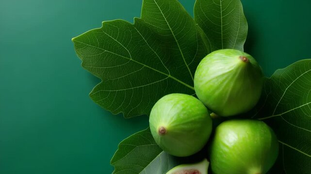 Fresh green figs and leaves on a vibrant green background highlighting natural freshness