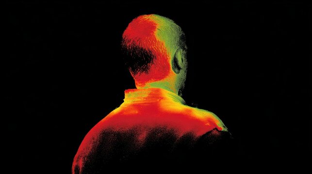 Thermal Head: Abstract view of a person's head captured using thermal imaging, revealing a heat map of the body. 