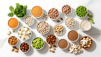 Assortment of plant-based protein sources for healthy vegan and vegetarian nutrition on white background