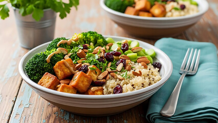 Healthy Vegan Buddha Bowl with Quinoa, Tofu, Broccoli, and Nuts on a Rustic Wooden Table