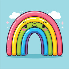 Obraz premium Colorful cartoon rainbow with smiling face on pastel green background