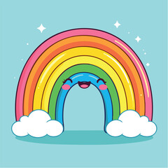 A colorful cartoon rainbow with a smiling face and clouds on a light green background