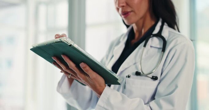 Scroll, woman and hands of doctor in hospital with tablet for research on healthcare solution for treatment. Technology, professional and female medical worker with telehealth for surgery schedule.