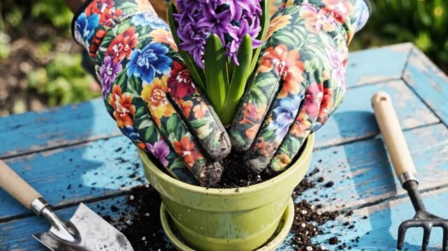 Gardening Harmony: The image unveils a verdant scene of hands gently tending to a vibrant hyacinth in a terra-cotta pot. The gloves, adorned with floral patterns, underscore the beauty of gardening.