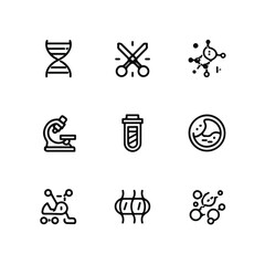  DNA Research and Genetic Engineering Vector Line Art Icons.