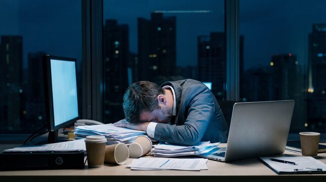 Overworked and exhausted businessman sleeping on his desk in a dark office at night.