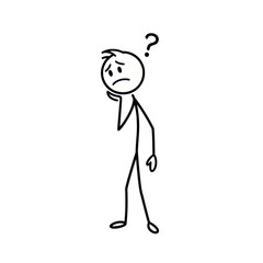 Fototapeta premium Confused stick figure with question mark above head, expressing uncertainty, doubt, and problem solving in a clean minimalist black and white vector illustration