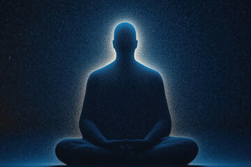 Futuristic digital human meditating in a neon-lit, minimalist environment with blue and orange glow. symbolizing digital consciousness and inner peace within a modern, abstract space