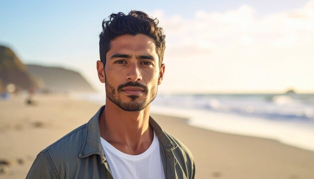 Handsome man with dark hair and beard poses on a sunny beach, looking at the camera.