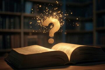 Magical question mark emerging from an open book with glowing particles in a library. A golden question mark hovers above an open ancient book, surrounded by shimmering dust and light.