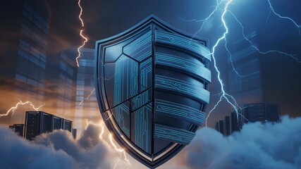 Cyber security shield protects data servers from lightning storm clouds with cityscape background at sunset - Powered by Adobe