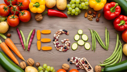 Vegan Spelled with Fresh Vegetables and Legumes on a Wooden Background, Healthy Eating Concept