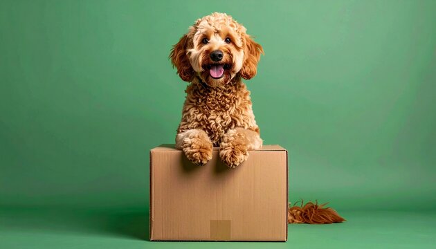 Happy dog sitting in a cardboard box with a green background, smiling and looking at the camera.