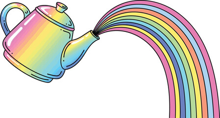 Magical colorful rainbow pouring from spout of pastel gradient teapot concept design element illustration
