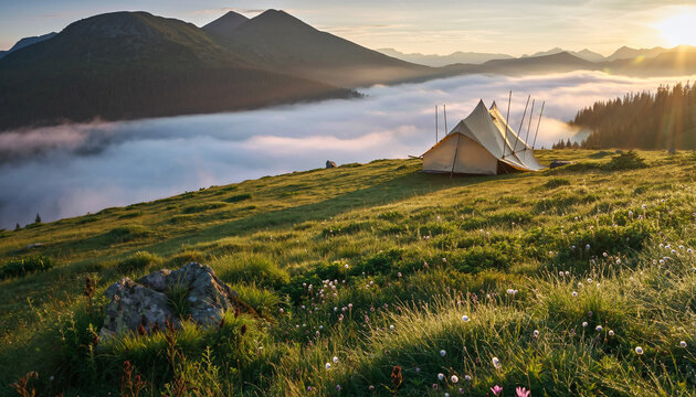 Serene mountain camping scene at sunrise with tent on grassy hill - Powered by Adobe
