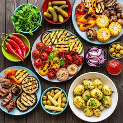 Vibrant grilled vegetables and healthy sides on rustic wooden table, perfect summer BBQ spread