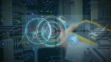 Animation of scope scanning and data processing over caucasian man in server room - Powered by Adobe