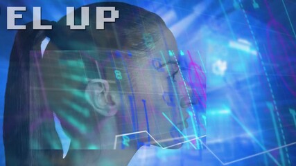 Animation of level up over profile of caucasian woman and diverse shapes on digital screens - Powered by Adobe