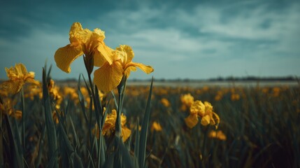 Yellow irises blooming in a field under a cloudy blue sky